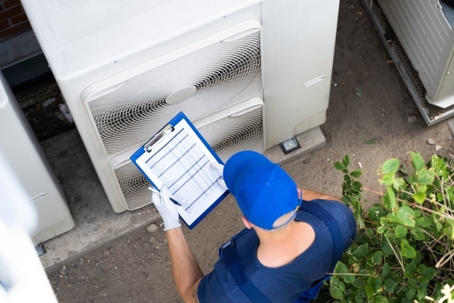 A worker in blue uniform is checking a large white air conditioning unit outdoors, holding a clipboard.
