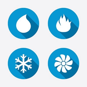 Four icons: water, fire, snowflake, and fan.