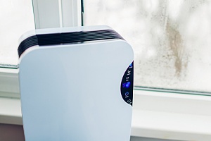 A light blue air purifier is next to a frosty window.