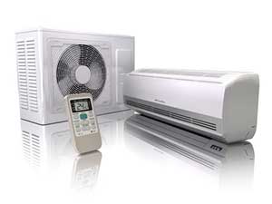 A white wall-mounted air conditioner unit, outdoor unit, and remote.