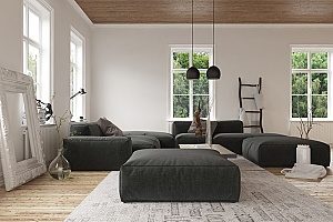 a large living room with black and gray furniture as well as a good indoor humidity level so that the homeowners can consistently feel comfortable