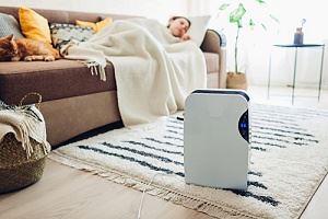 A person is sleeping on a couch. A white air purifier is on the floor.